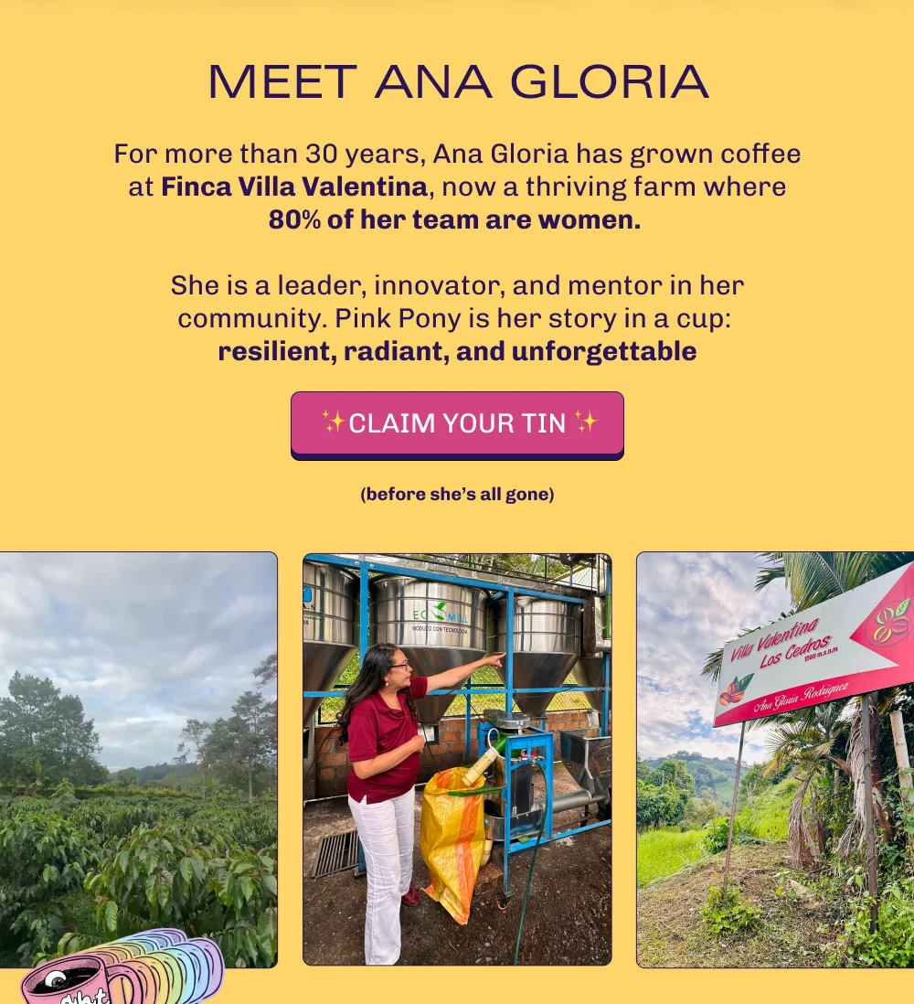 Meet Ana Gloria. For more than 30 years, Ana Gloria has grown coffee at Finca Villa Valentina, now a thriving farm where 80% of her team are women.   She is a leader, innovator, and mentor in her community. Pink Pony is her story in a cup:  resilient, radiant, and unforgettable. Claim your tin! (Before she's gone)