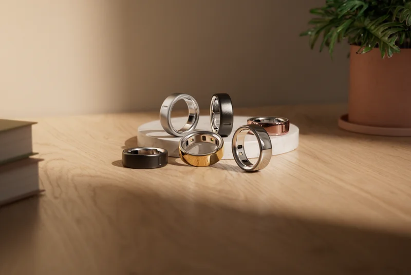 Oura Ring 4 six finishes sitting on a table