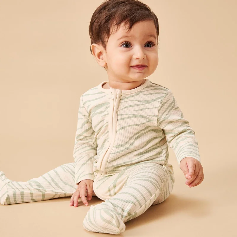 Image of Zebra Stripe Ribbed Clever Zip Footed Baby Pajamas