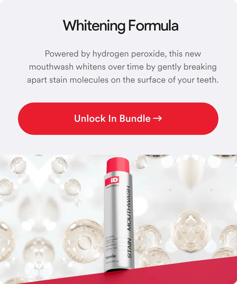 Whitening formula. Powered by hydrogen peroxide, this new mouthwash whitens overtime by gently breaking apart stain molecules on the surface of your teeth.