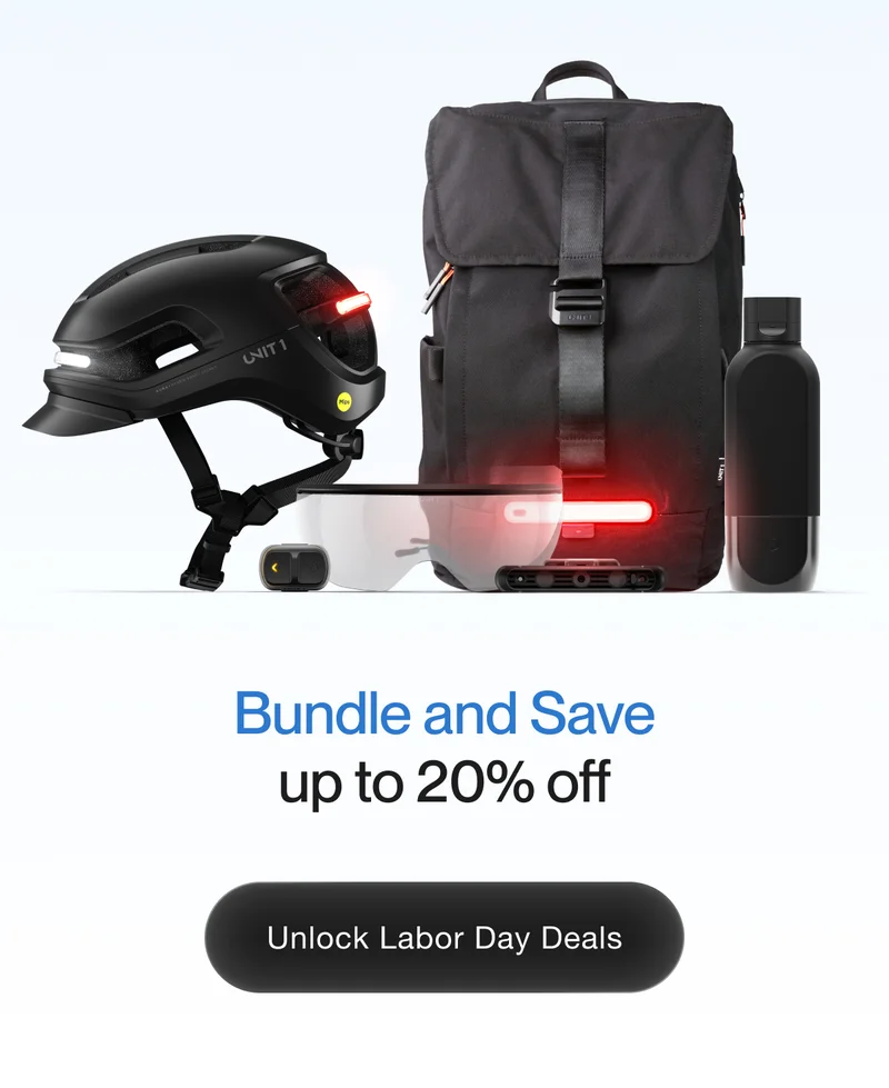 UNIT 1 smart helmet and Torch backpack with integrated lights. Text: Bundle and Save up to 20% OFF – Unlock Labor Day Deals.