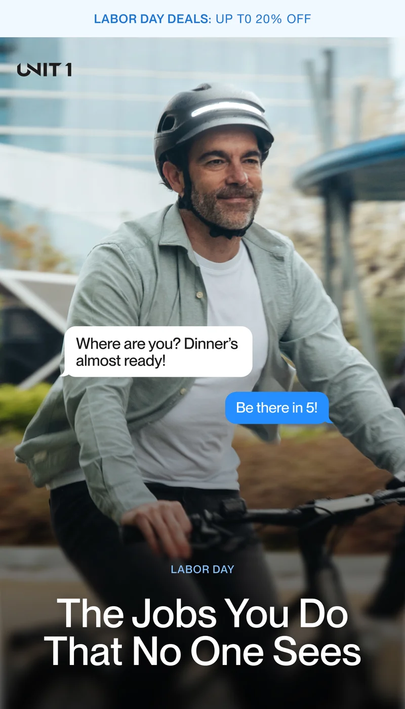Man wearing UNIT 1 smart helmet with integrated lights. Headline: Real Work Deserves Real Protection – Labor Day Deals up to 20% off.