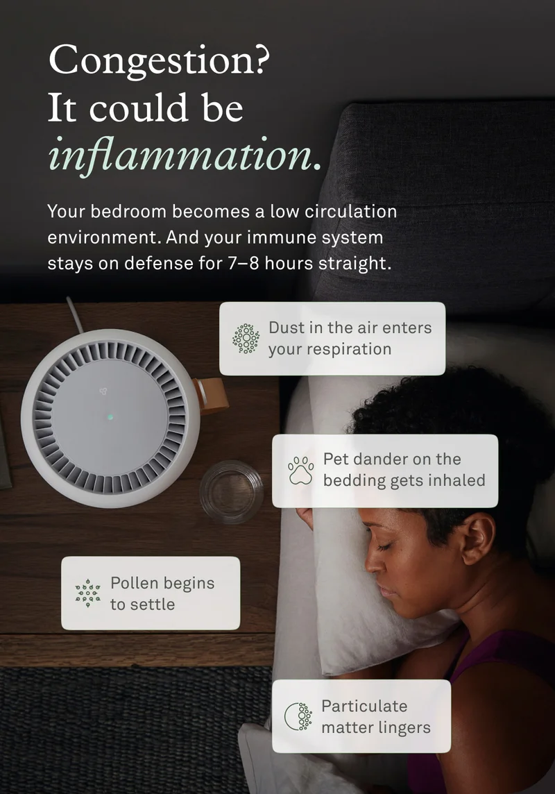 Congestion? It could be inflammation. Your bedroom becomes a low circulation environment. And your immune system stays on defense for 7-8 hours straight.