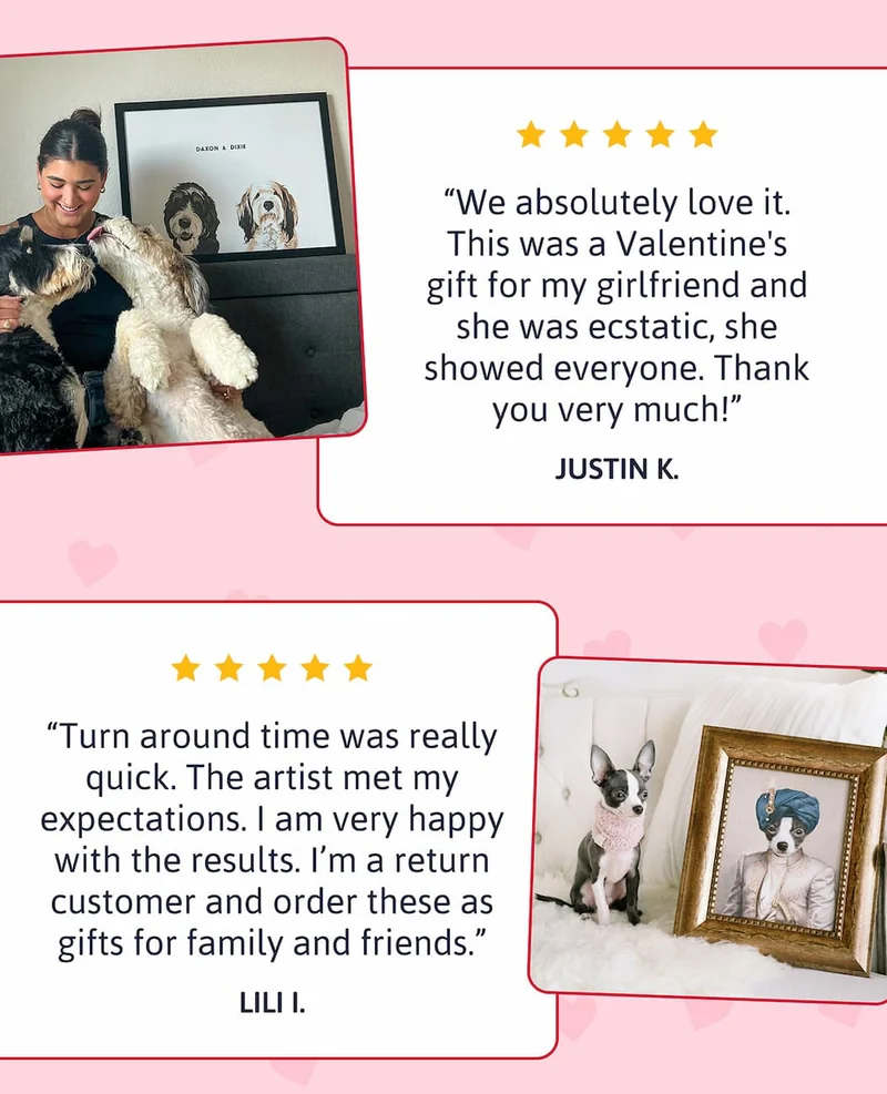"We absolutely love it. This was a Valentine's gift for my girlfriend and she was ecstatic, she showed everyone. Thank you very much!" - Justin K.  "Turn around time was really quick. The artist met my expectations. I am very happy with the results. I’m a return customer and order these as gifts for family and friends." - Lili I.