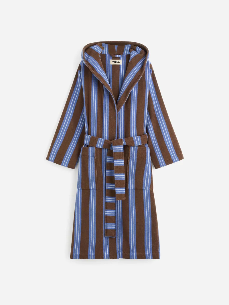 Image of TEKLA Hooded Bathrobe - Chestnut Stripes