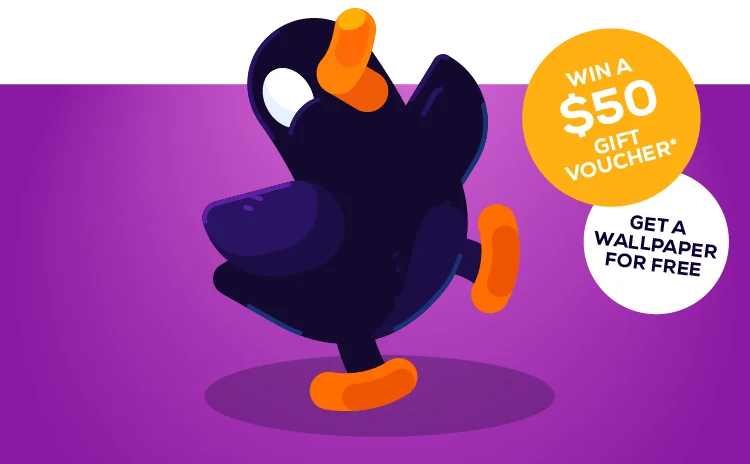 Duck says "thank you!" and: "Win a $50 gift voucher, get a wallpaper for free"