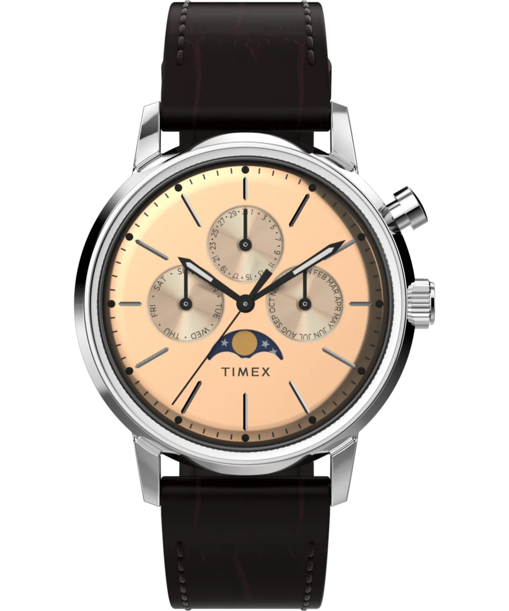 Image of Marlin® Moon Phase 40mm Leather Strap Watch