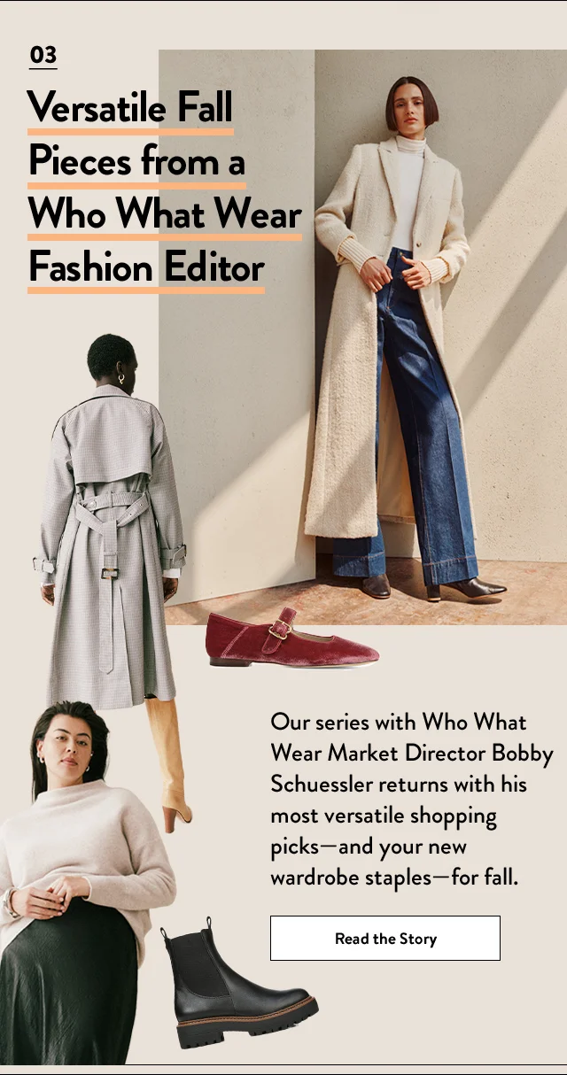 Three models wearing fall outfits; a ballet flat and a boot.