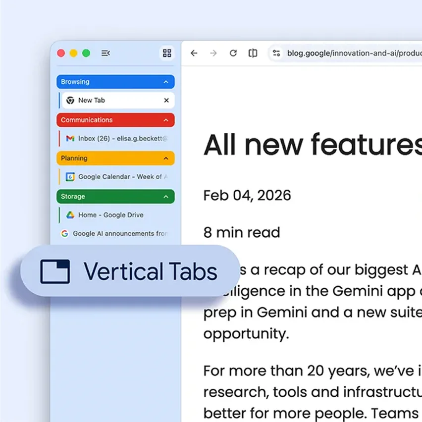 A Chrome browser window illustrating the vertical tabs feature on the left sidebar, with a text overlay that reads 'Vertical Tabs.'