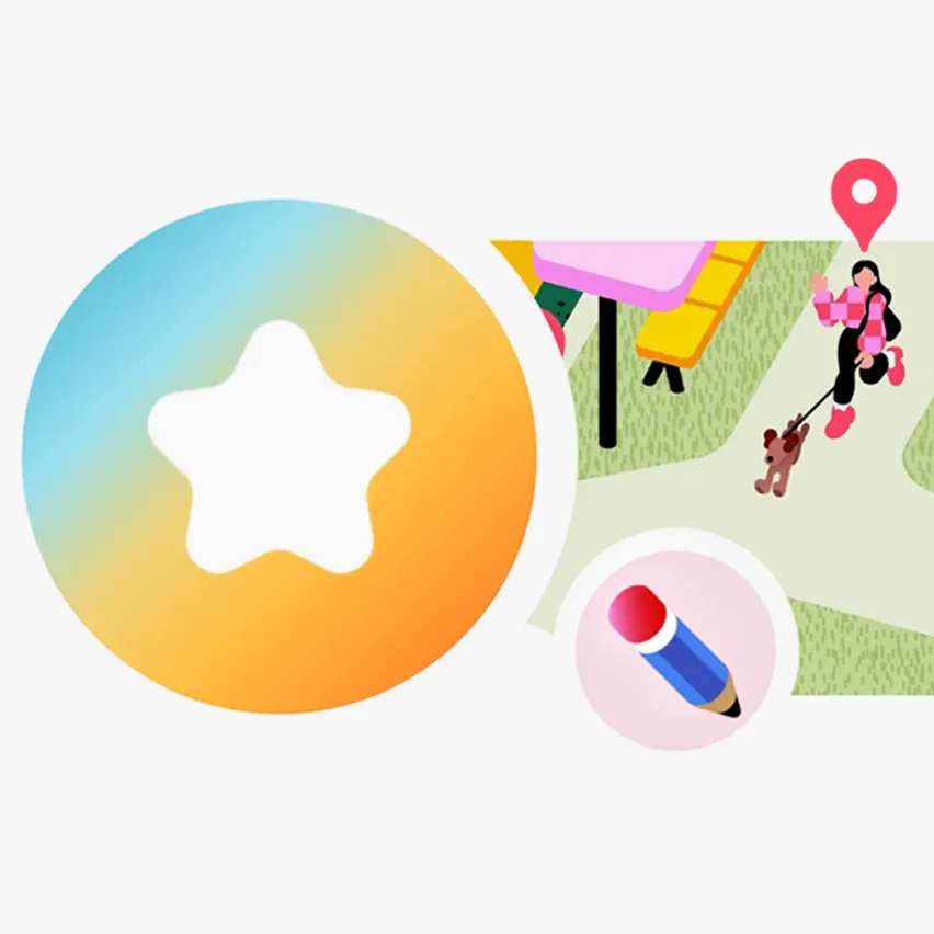 A colorful illustration for Google Maps featuring a large star icon, a pencil icon for editing, and an overhead map view showing a person walking a dog near an outdoor seating area marked with a location pin.