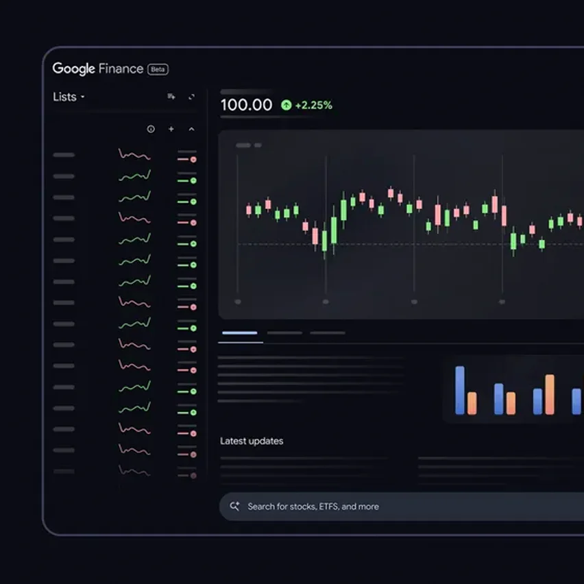 A dark-themed Google Finance interface featuring a stock chart with green and red indicators and a search bar for AI-powered research