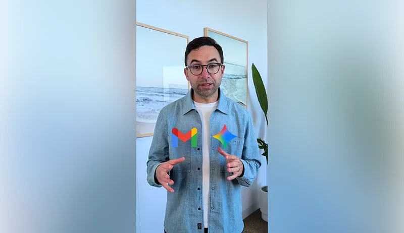 A man in a blue button-down shirt speaking to the camera, with the Gmail and Gemini logos floating in front of him.