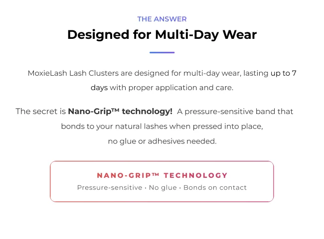 Informational section explaining lash clusters are designed for multi-day wear with Nano-Grip technology that bonds to natural lashes without glue.