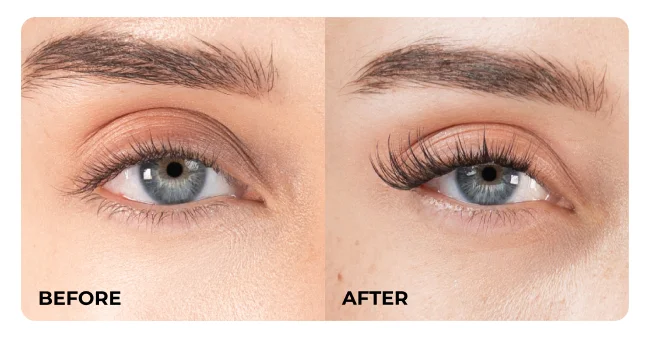 Before and after comparison showing natural lashes before application and fuller lashes after applying lash clusters.
