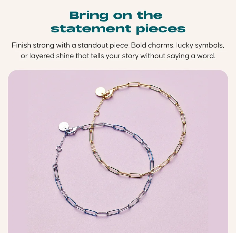 Bring on the statement pieces. Finish strong with a standout piece. Bold charms, lucky symbols, or layered shine that tells your story without saying a word. Paperclip Harper Charm Bracelet