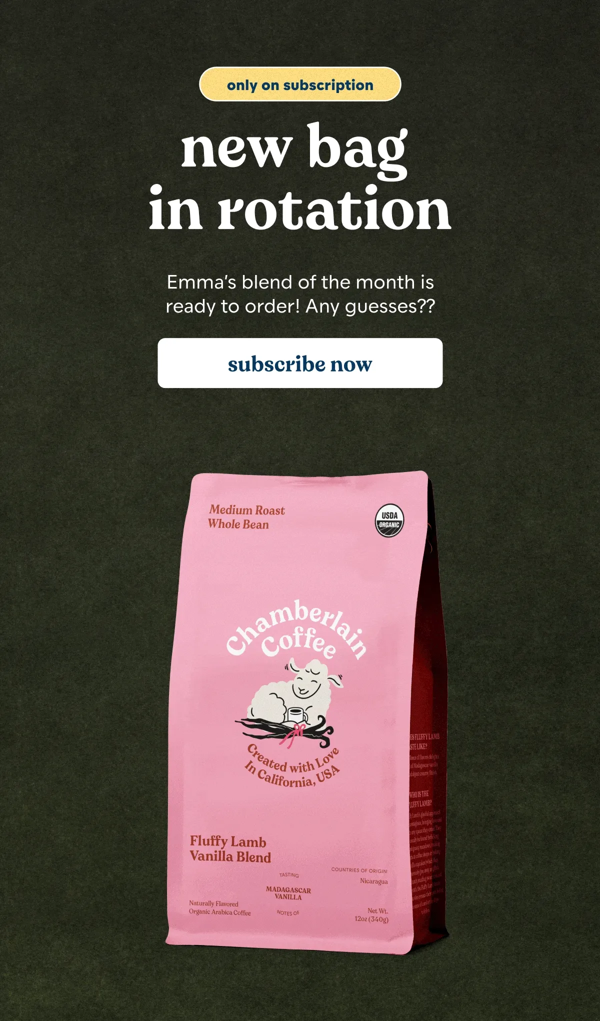 only on subscription. Emma's Pick. The coffee aisle can be overwhelming, but so is the bill for daily coffee runs.  Meet Emma’s Pick, a monthly rotating  coffee bag subscription, here to add some excitement to your routine. [SUBSCRIBE NOW]