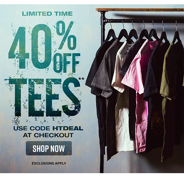Limited Time. 40% Off Tees. Use Code discount code at Checkout. Exclusions Apply. Shop Now