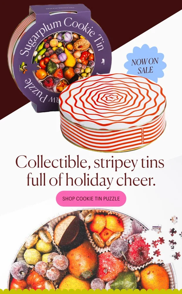 Sugarplum Cookie Tin Now on Sale - Collectible. stripey tins full of holiday cheer!