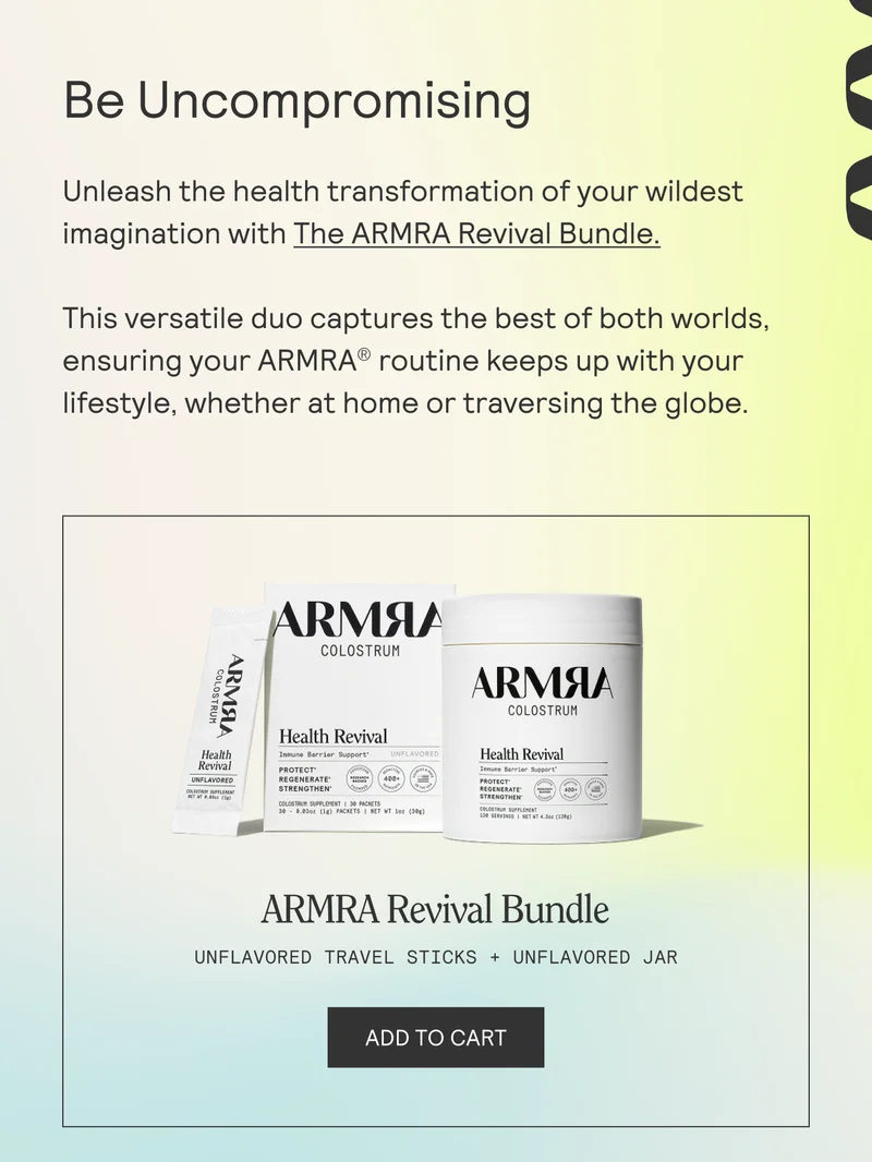 Be Uncompromising  Unleash the health transformation of your wildest imagination with The ARMRA Revival Bundle.  This versatile duo captures the best of both worlds, ensuring your ARMRA® routine keeps up with your lifestyle, whether at home or traversing the globe.