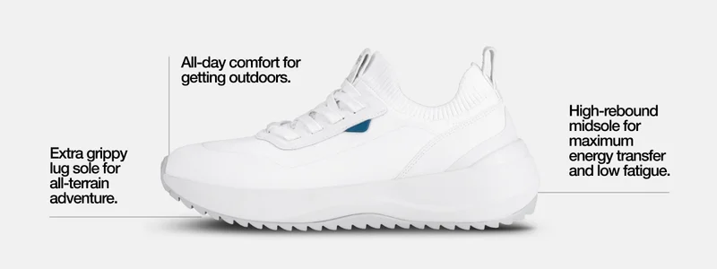 Extra grippy lug sole for all-terrain adventure. All-day comfort for getting outdoors. High-rebound midsole for maximum energy transfer and low fatigue.