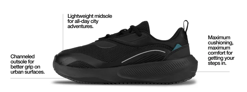 Tidal info graphic. Channeled outsole for better grip on urban surfaces. Lightweight midsole for all-day city adventures. Maximum cushioning, maximum comfort for getting your steps in.