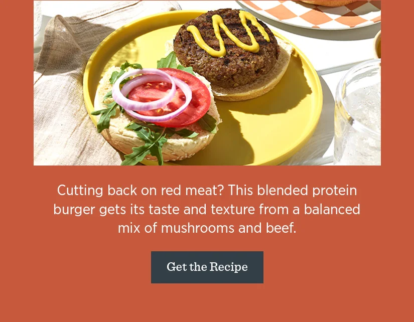 Cutting back on red meat? This blended protein burger gets its taste and texture from a balanced mix of mushroons and beef.