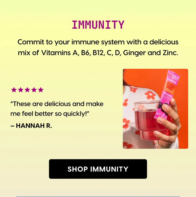 IMMUNITY | Commit to your immune system with a delicious mix of Vitamins A, B6, B12, C, D, Ginger and Zinc. | ⭐⭐⭐⭐⭐ “These are delicious and make me feel better so quickly!” – Hannah R. | [ SHOP IMMUNITY ]