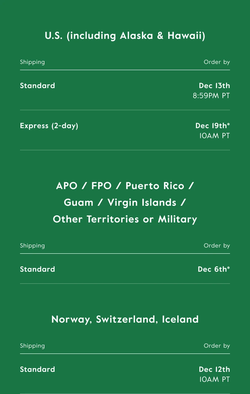U.S. order by Dec 13th for standard delivery by 12/24!
