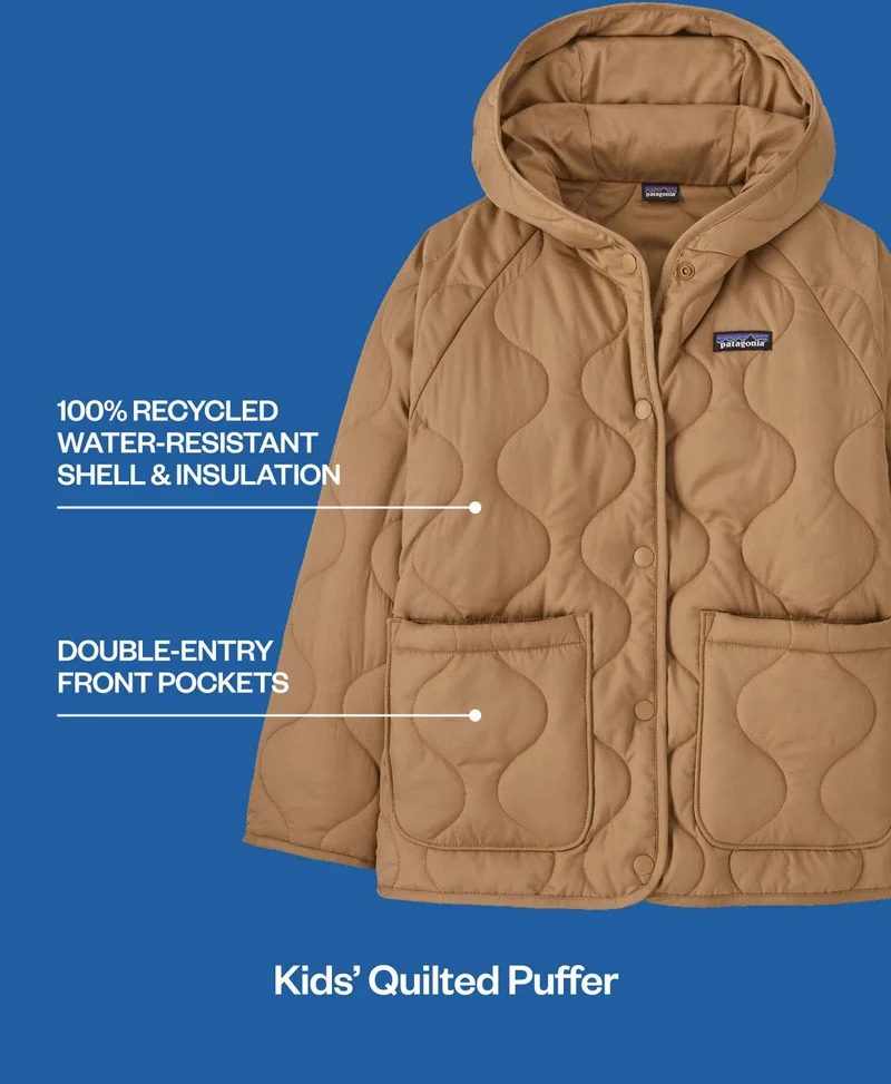 Kids' Quilted Puffer. Features 100% recycled water-resistant shell and insulation, and double-entry front pockets.