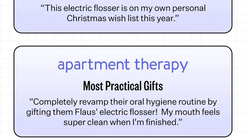 “This electric flosser is on my own personal Christmas wish list this year.” | apartment therapy | Most Practical Gifts - “Completely revamp their oral hygiene routine by gifting them Flaus'&nbsp;electric flosser!  My mouth feels super clean when I'm finished.”