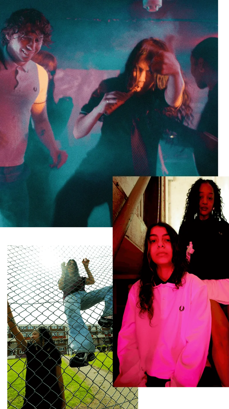 A picture collage of young adults wearing Fred Perry shirts in varied settings.