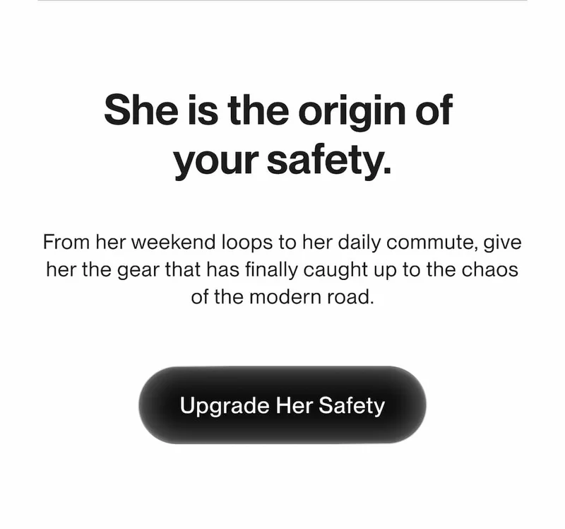 White email panel with bold headline "She is the origin of your safety" and a dark Upgrade Her Safety CTA button