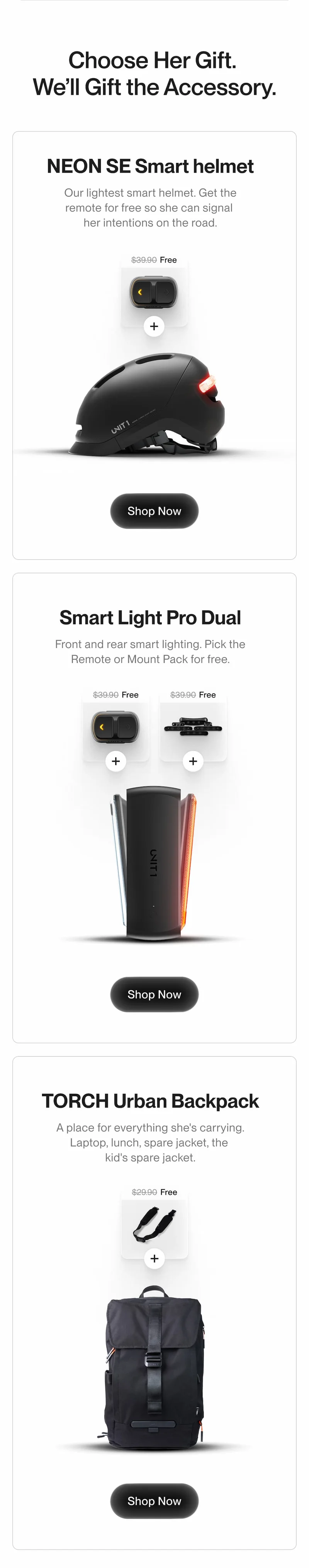 Three cycling gift picks: NEON SE Smart Helmet, Smart Light Pro Dual, and TORCH Urban Backpack on white background with Shop Now buttons.