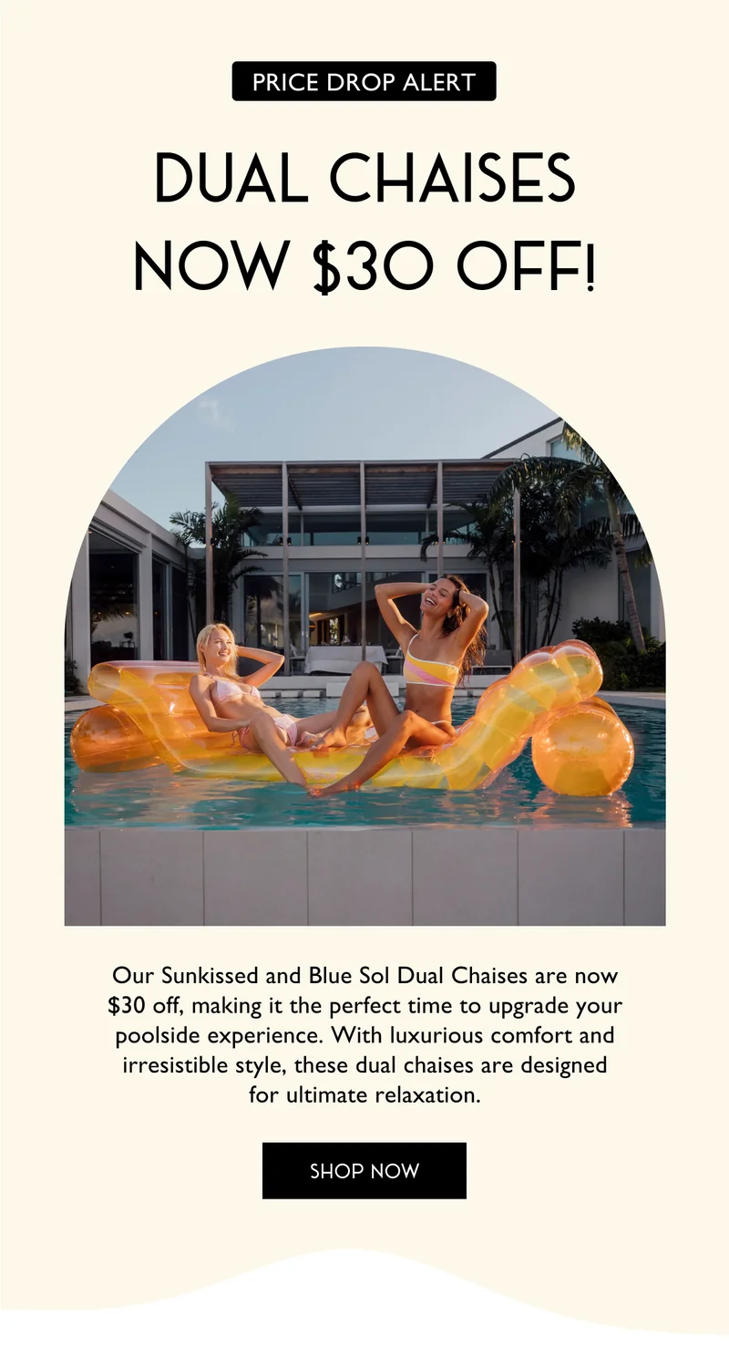 Price Drop Alert | Dual Chaises Now $30 Off! | Our Sunkissed and Blue Sol Dual Chaises are now $30 off, making it the perfect time to upgrade your poolside experience. With luxurious comfort and irresistible style, these dual chaises are designed for ultimate relaxation. | SHOP NOW