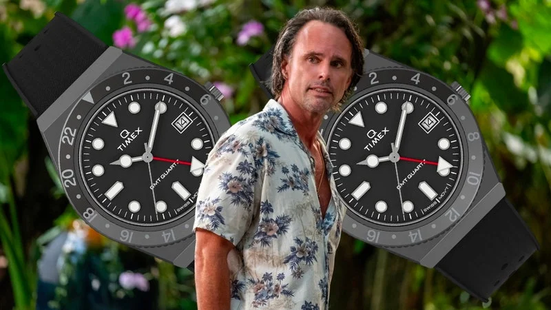 Walton Goggins wearing a Q Timex GMT watch in season 3 of 'The White Lotus'.