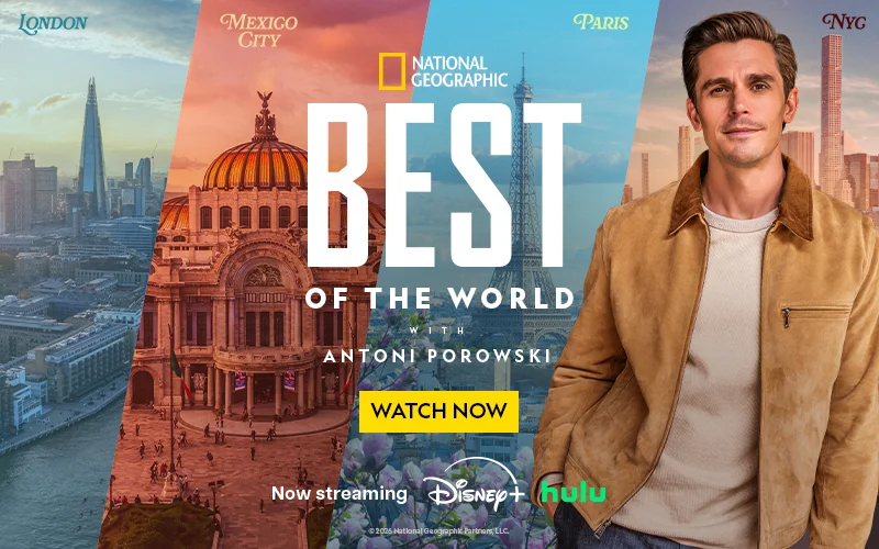 A promotional poster for a travel show featuring Antoni Porowski.