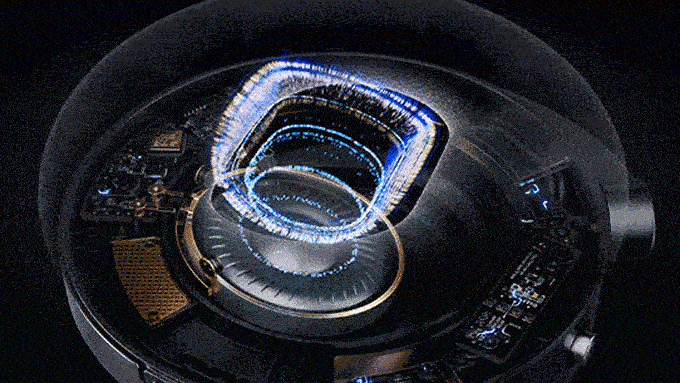 A cut-out of Dyson OnTrac headphones with an audio plume.