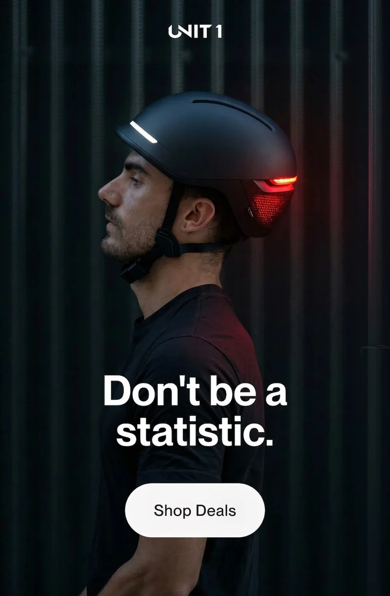 Don't be a statistic. Cyclist wearing UNIT 1 smart helmet. Shop deals