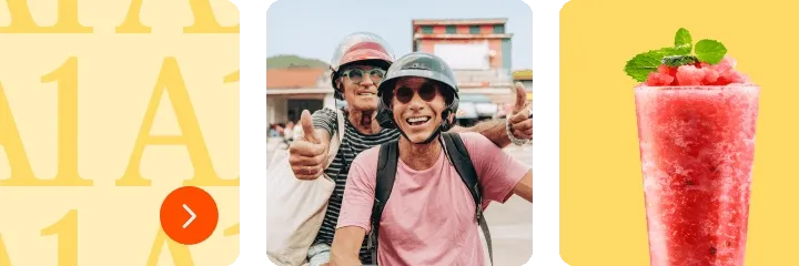 Sliding images of fruit, flowers, 'A1,' and two people riding a bike.