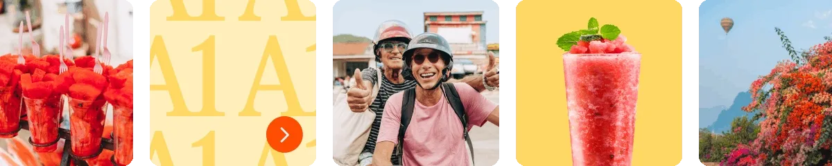 Sliding images of fruit, flowers, 'A1,' and two people riding a bike.