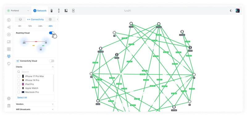 You can now visualize a client device's roaming journey with granular filtering by source and destination conditions, unlocking clear guidance on where to add AP density and how to tune assisted handoff for optimal network performance.