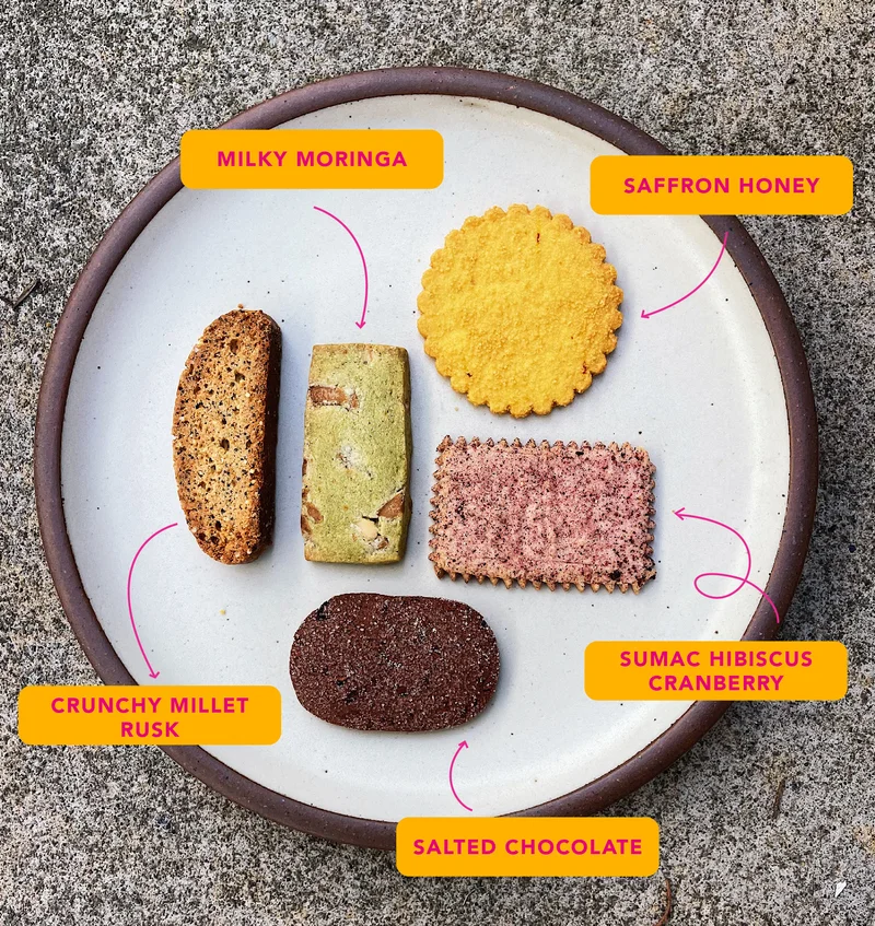 Milky Moringa, Saffron Honey, Crunchy Millet Rusk, Sumac Hibiscus Cranberry, Salted Chocolate