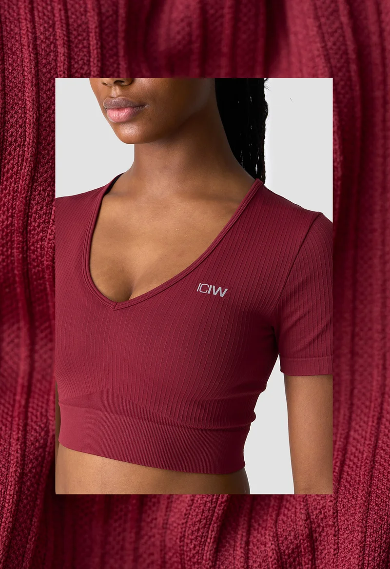 Ribbed Define Seamless V-neck Cropped T-shirt Burgundy