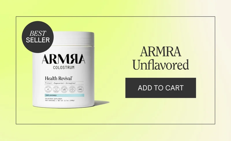 Product module showing ARMRA Colostrum Unflavored jar with ‘Best Seller’ badge and an ‘Add to Cart’ button on a pale green gradient background.”