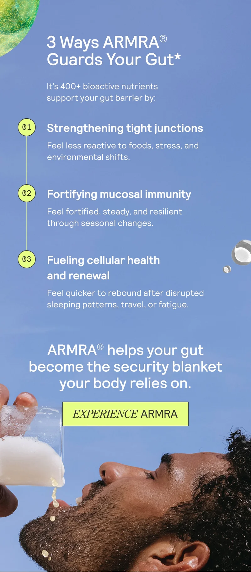 Graphic titled ‘3 Ways ARMRA Guards Your Gut’ listing: strengthening tight junctions, fortifying mucosal immunity, and fueling cellular health and renewal, with an ‘Experience ARMRA’ button and a person drinking a milky liquid.