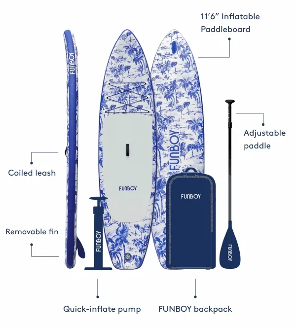 11’6” Inflatable Paddleboard, Adjustable paddle, Coiled leash, Removable fin, Quick-inflate pump, FUNBOY backpack