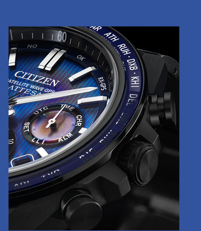 ATTESA detail shot of dial, bezel and crown finishes.