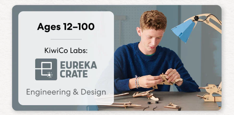 Smiling teen holding a colorful KiwiCo art and design project. Inspires creativity for ages 9–18+