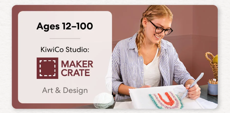 Smiling teen holding a colorful KiwiCo art and design project. Inspires creativity for ages 9–18+