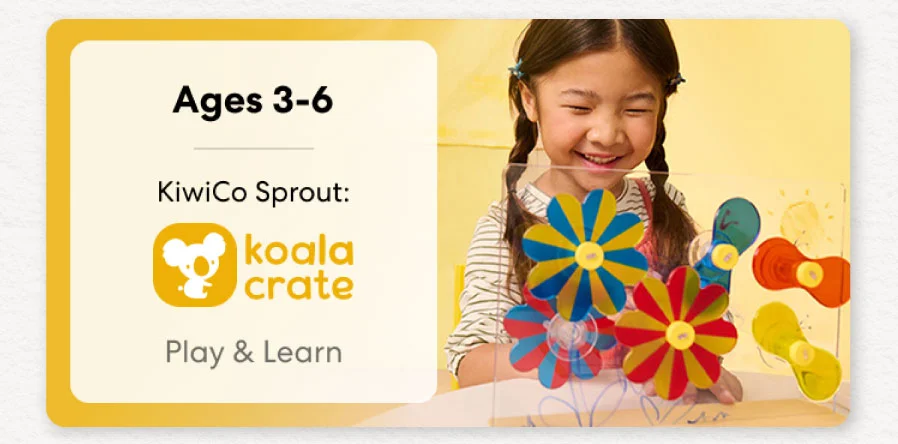 Young child smiling while working on creative KiwiCo Sprout projects, perfect for ages 3–5 for play and learn.